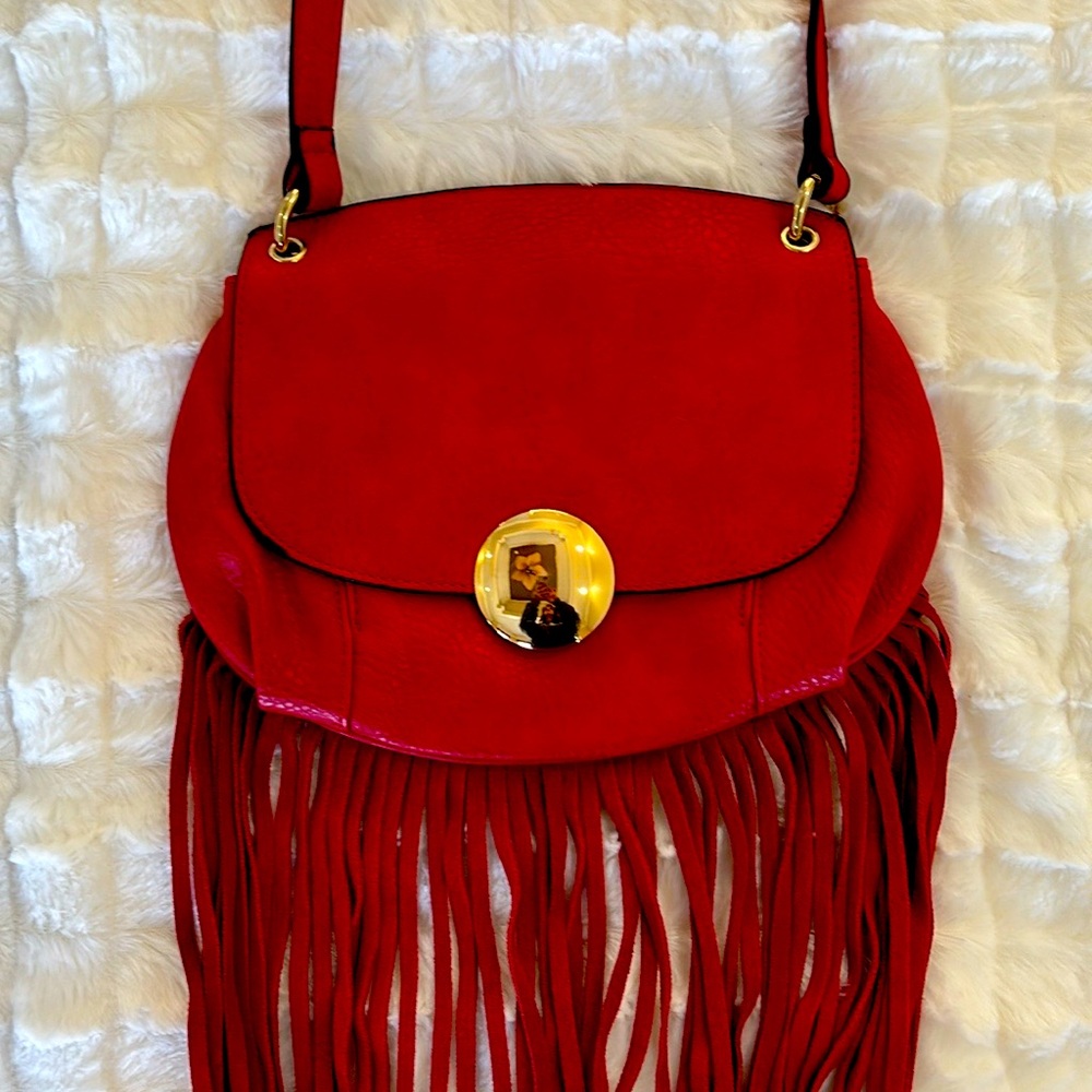 VIETA Crossbody Bag with fringe in RED. Golden accents and fringe.